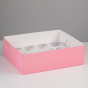 Коробка на 12 капкейков с окном, розовая, 32,5 х 25,5 х 10 см