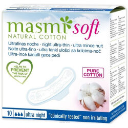 Ультратонкие ночные гигиенические прокладки Soft из натурального хлопка, Masmi Natural Cotton, 10 шт