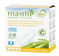 Ультратонкие дневные гигиенические прокладки с крылышками в индивидуальной упаковке, Masmi Natural Cotton, 10 шт
