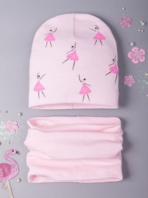 Шапка трикотажная для девочки формы лопата, балерины в розовых платьях + снуд,  светло-розовый