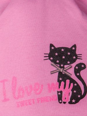 Шапка трикотажная для девочки с ушками, черная  кошка, розовая надпись, розовый