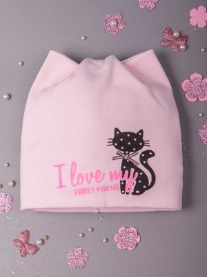 Шапка трикотажная для девочки с ушками, черная  кошка, розовая надпись, светло-розовый