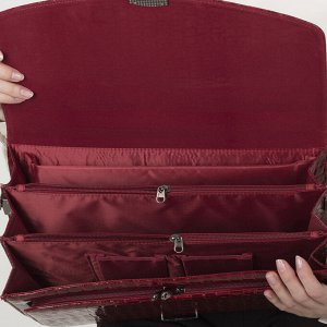 Портфель, 5 отделов на клапане, 3 наружных кармана, длинный ремень, цвет тёмно-красный