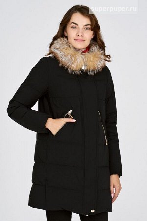 Женское текстильное пальто на натуральном пуху с отделкой мехом чернобурки
