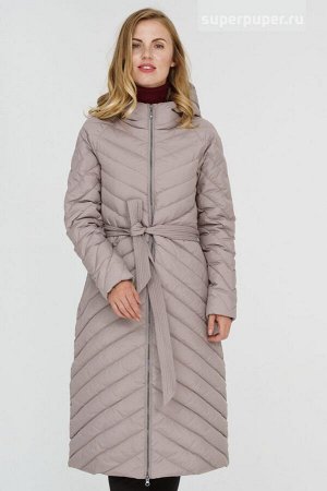 Женское текстильное пальто на натуральном пуху с текстильным поясом