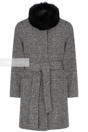 Женское пальто текстильное с текстильным поясом с отделкой мехом песца