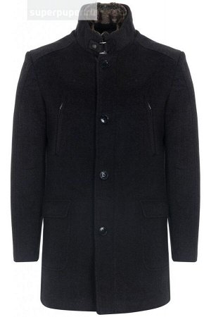 Мужское текстильное пальто на синтепоне с отделкой искусственной кожей и искусственной замшей и меховой тканью