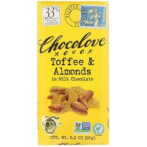 Шоколад Chocolove, Молочный шоколад с тоффи и миндалем, 3,2 унции (90 г). Содержание шоколада 33%.  33% ириски в молоке.  Кусочки миндального ириса в мягком молочном шоколаде.  Мягкий молочный шоколад