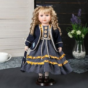 Кукла коллекционная керамика "Алиса в синем платье с бантиком на голове" 40 см