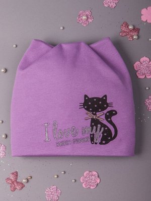 Шапка трикотажная для девочки с ушками, черная  кошка, серебряная надпись, фиолетовый