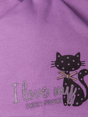 Шапка трикотажная для девочки с ушками, черная  кошка, серебряная надпись, фиолетовый