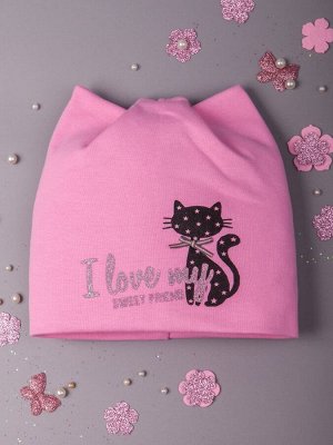 Шапка трикотажная для девочки с ушками, черная  кошка, серебряная надпись, розовый