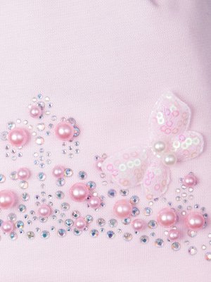 Шапка трикотажная для девочки с ушками на завязках, стразы, бусинки, бабочка, светло-розовый