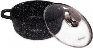 Кастрюля 24*11,5cm из литого алюминия с антипригарным покрытием "чёрный мрамор" и стекляной крышкой