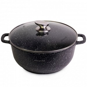 Кастрюля 28*12,5cm из литого алюминия с антипригарным покрытием "чёрный мрамор" и стеклянной крышкой