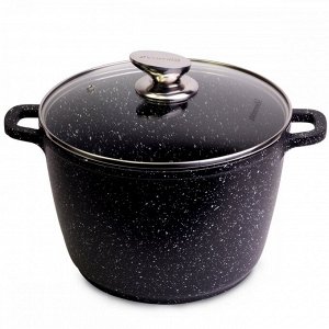 Кастрюля 24*16,5cm из литого алюминия с антипригарным покрытием "чёрный мрамор" и стеклянной крышкой