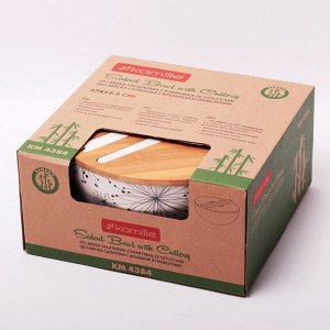 Миска из бамбукового волокна 27*12.2см с бамбуковой крышкой и приборами (вид узора: орнамент, цветы)
