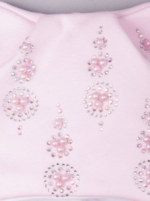 Шапка трикотажная для девочки, на завязках, украшена стразами и бусинками, светло-розовый