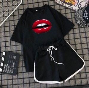 Костюм черная футболка губы и шорты DUN 105
