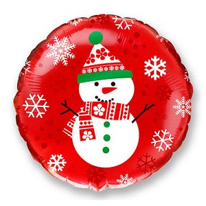 Круг Снеговик на красном фоне 18"/45 см фольгированный шар с рисунком