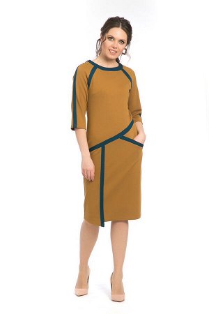 Платье горчичное с контрастными вставками П-538 горчичный/морская волна