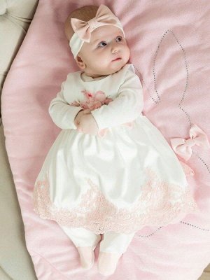 Комплект на выписку &quot;Принцесса&quot; комбинезон и платье РОЗЫ (молочное с розовым кружевом)