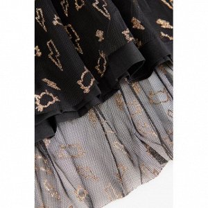 Юбка 100% п/э Легкая многослойная юбка декорирована принтом с мелкими деталями. Выполнена в темных тонах. Пояс украшен двумя полосами черного и золотого цвета.