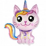 Фольга шар фигура Кот - единорог розовый 42&quot;/107 см