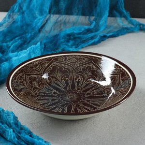 Тарелка глубокая, риштанская роспись, 20 см, коричневая