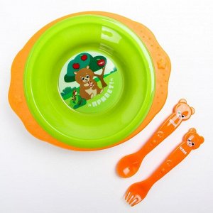 Набор детской посуды: тарелка на присоске 250мл, вилка, ложка, цвет зеленый/оранжевый МИКС