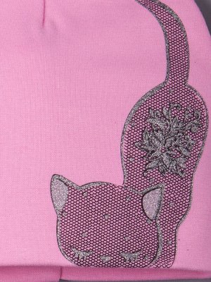 Шапка трикотажная для девочки формы лопата, кошка в сеточку, розовый