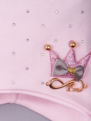 Шапка трикотажная для девочки на завязках с ушками, бантик, стразы, корона, светло-розовый