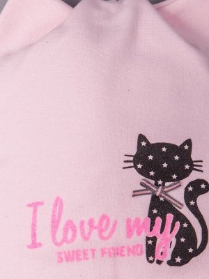 Шапка трикотажная для девочки с ушками, черная  кошка, розовая надпись, светло-розовый