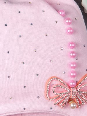 Шапка трикотажная для девочки с ушками на завязках, сбоку бусины и бант со стразами, светло-розовый