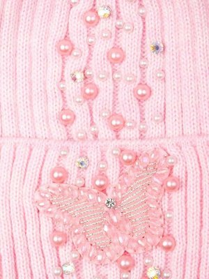 Шапка вязаная женская с помпоном, лапша, на отвороте бабочка из бисера и бусин, светло-розовый