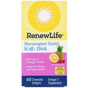 Renew Life, "Норвежское золото", ДГК для детей, фруктовый вкус, 60 жевательных мягких кап.