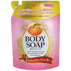 Nihon Крем-мыло для тела "Wins Body Soap peach" с экстрактом листьев персика и богатым ароматом 400 мл (мягкая упаковка) / 20