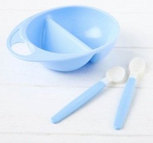 Набор Набор посуды для кормления, 3 предмета: тарелка двухсекционная, ложки 2 шт., от 5 мес., цвет голубой