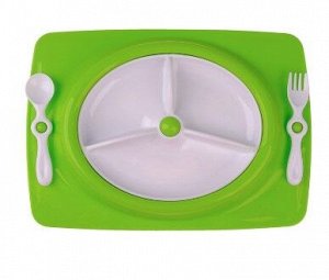 Набор Набор детской посуды, 4 предмета: тарелка трёхсекционная, подставка, ложка, вилка, от 5 мес., цвет зелёный