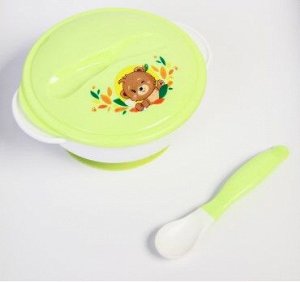 Набор Набор детской посуды «Друзья», 3 предмета: тарелка на присоске, крышка, ложка, цвет зелёный