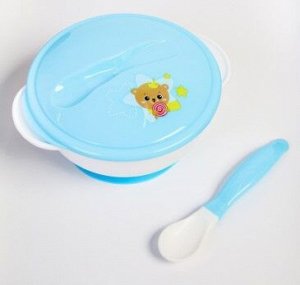 Набор Набор детской посуды «Счастливый малыш», 3 предмета: тарелка на присоске, крышка, ложка, цвет голубой