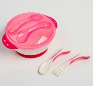 Набор Набор детской посуды: тарелка, ложка, вилка, цвет розовый