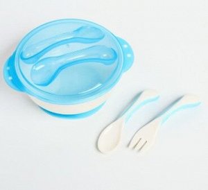 Набор Набор детской посуды: тарелка, ложка, вилка, цвет голубой