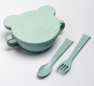 Набор Набор детской посуды "Bear" миска с крышкой, ложка и вилка, цвет зеленый