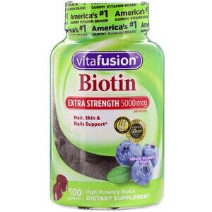 VitaFusion, Сверхсильный биотин, Для волос, кожи и ногтей, Натуральный вкус черники, 5000 мкг, 100 жевательных таб.