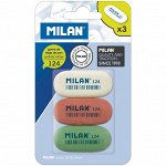 Ластик MILAN «124» синтетика, овальный, 49x23x9 мм, набор 3 шт., в блистере