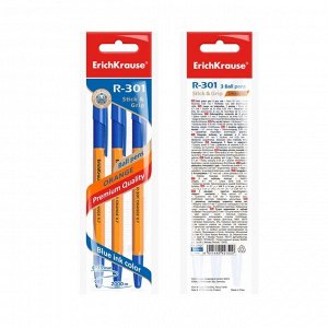 Набор ручек шариковых 3 штуки R-301 Orange Stick & Grip, узел 0.7 мм, чернила синие, резиновый упор, длина линии письма 1000 метров, европодвес