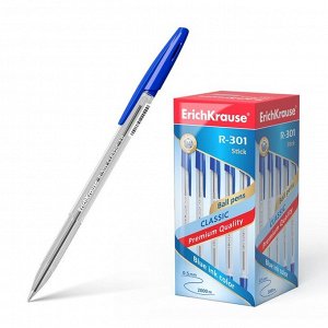 Ручка шариковая Erich Krause R-301 Classic Stick, узел 1.0 мм, чернила синие, длина линии письма 2000 метров, штрихкод на ручке