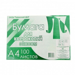 Бумага А4, 100 листов "Туринск для ксерокопий" эконом, 80г/м2, белизна 96%, в т/у плёнке