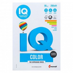 Бумага цветная А4 200 л, IQ COLOR, 80 г/м2, GN/GB/OR/PI по 50л